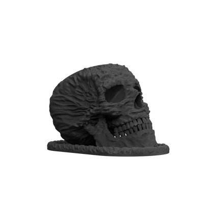 Pot décoratif en forme de crâne noir mat avec texture détaillée, style moderne et texture rugueuse.