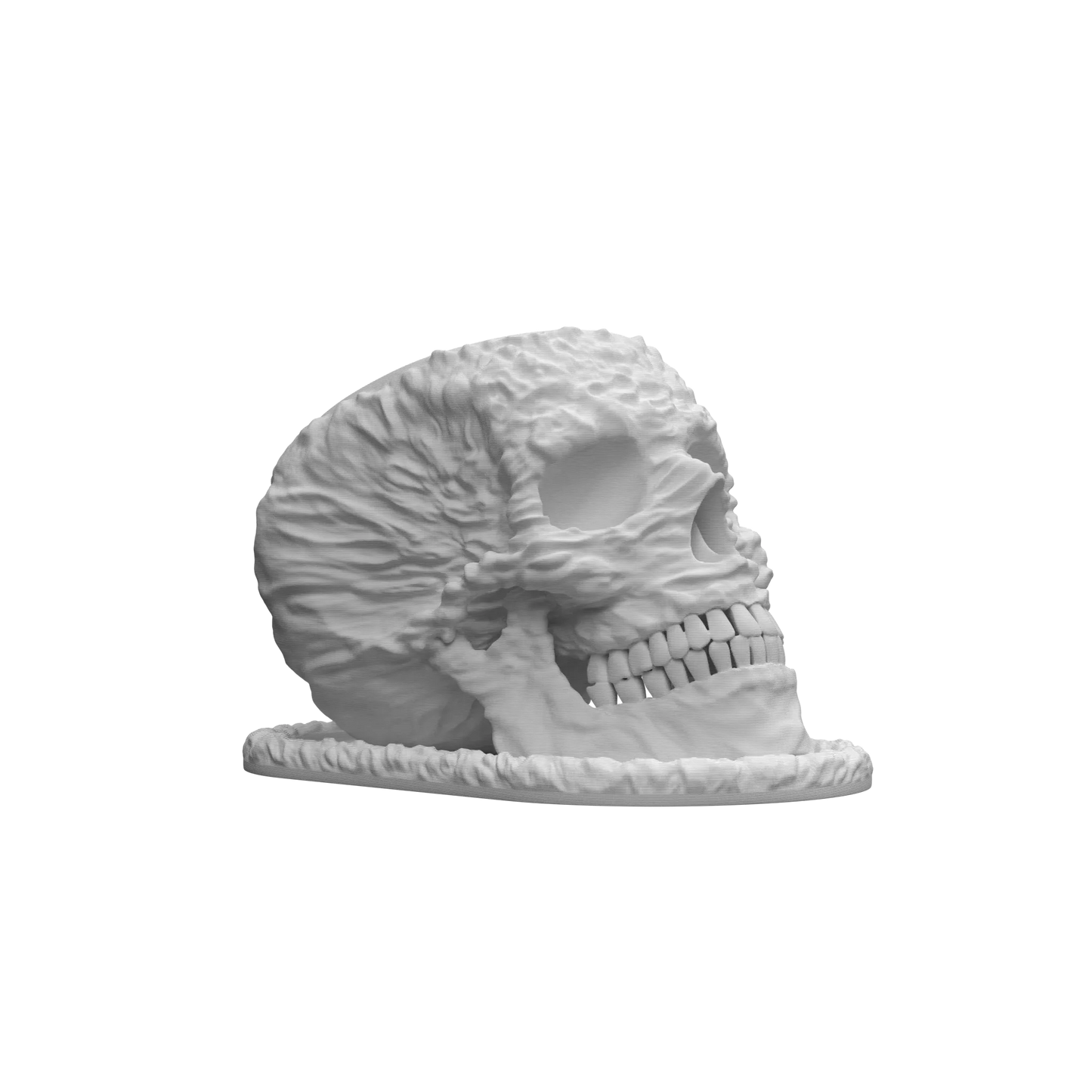 Pot décoratif blanc en forme de crâne stylisé avec texture ondulée moderne sur toute la surface, équipé d'une ouverture.