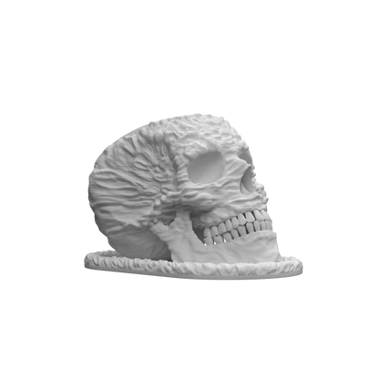 Pot décoratif blanc en forme de crâne stylisé avec texture ondulée moderne sur toute la surface, équipé d'une ouverture.