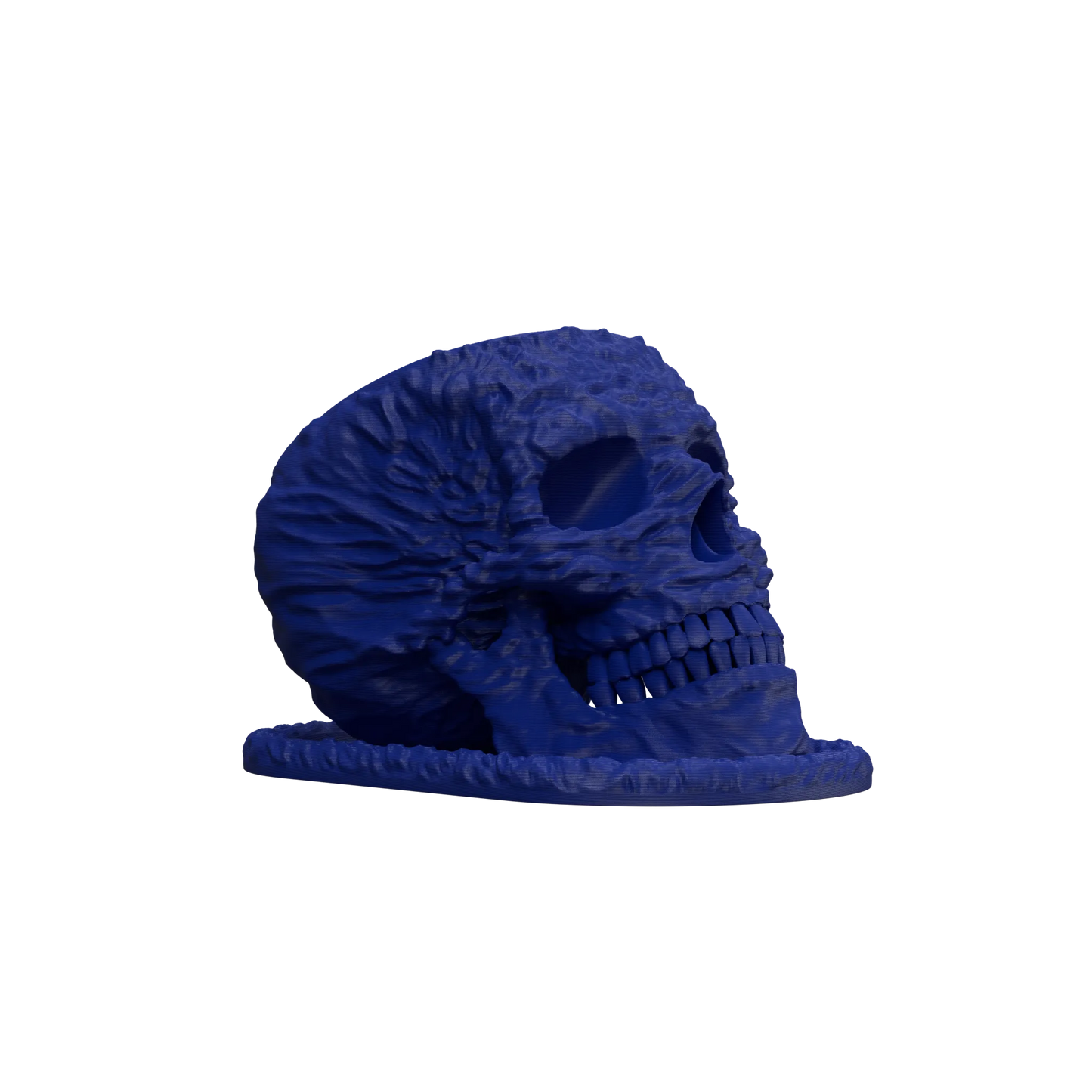 Pot décoratif en forme de crâne bleu mat, avec détails texturés réalistes et surface rugueuse, style moderne et audacieux.