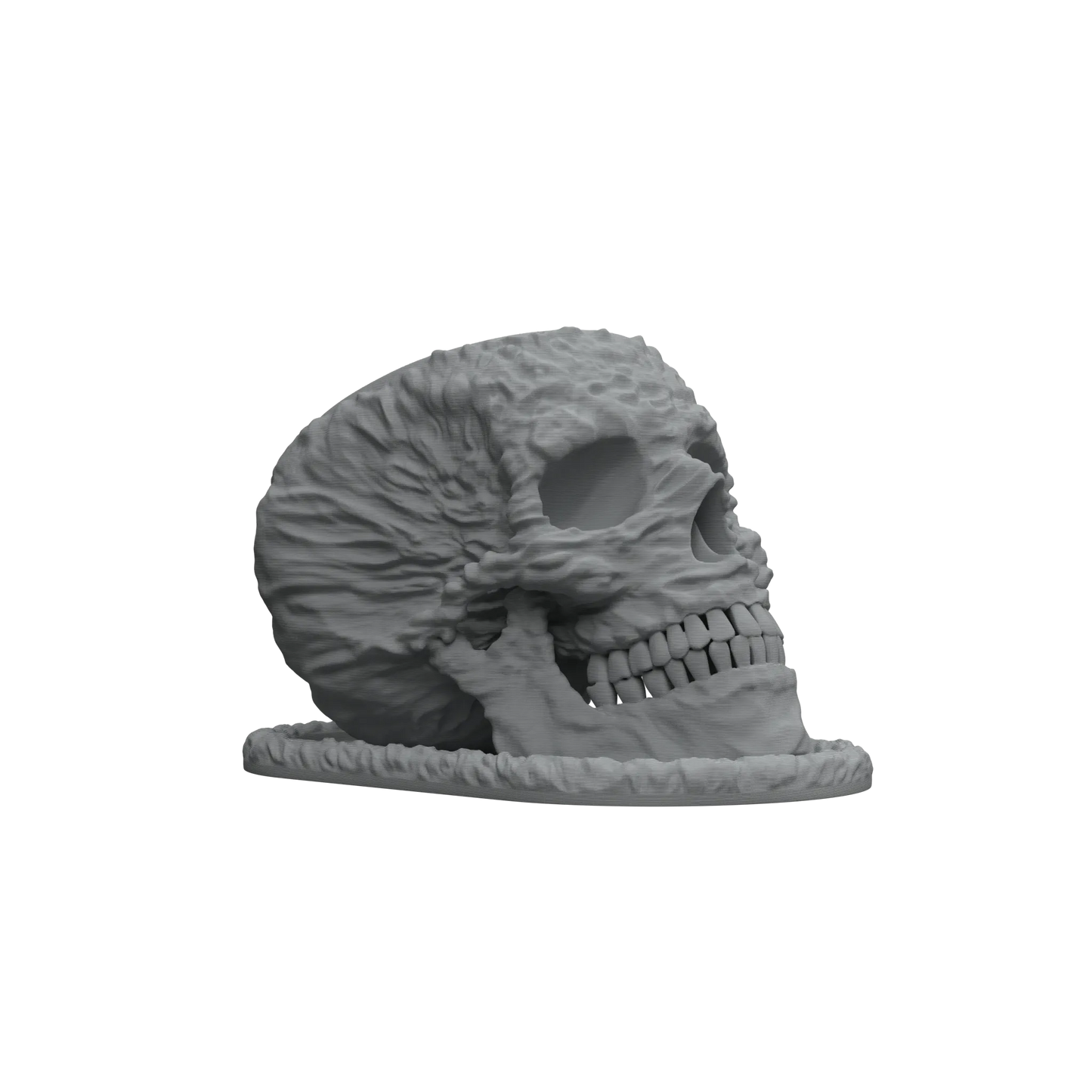 Pot décoratif gris en forme de crâne humain avec détails texturés réalistes et finition mate.