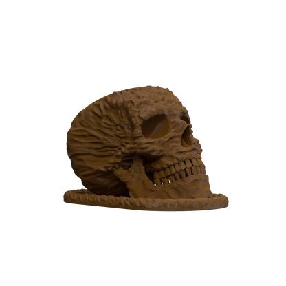 Pot décoratif brun en forme de crâne humain avec texture détaillée et surface mate, posé sur un socle assorti.