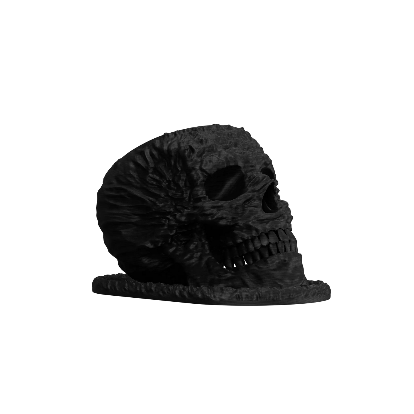Pot décoratif noir en forme de crâne humain avec détails texturés, finition mate, style moderne et audacieux.
