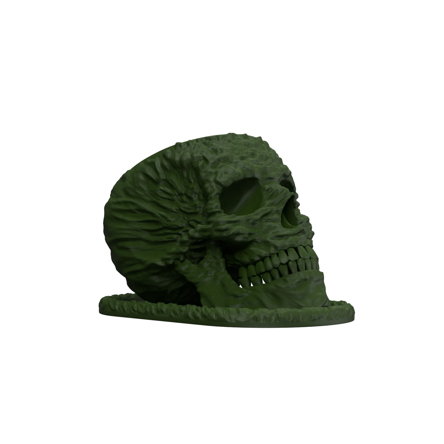 Pot décoratif en forme de crâne vert foncé avec texture détaillée imitant des fissures et reliefs réalistes, positionné sur.