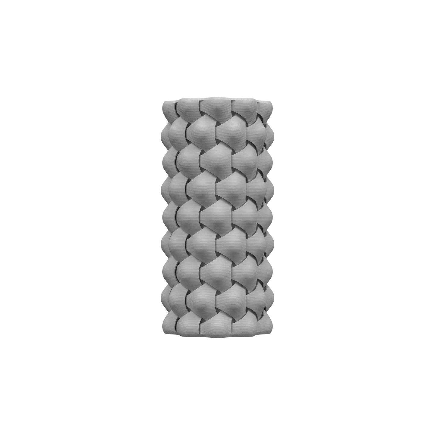 Vase gris clair cylindrique avec motif tressé en relief formant une texture tridimensionnelle dense.