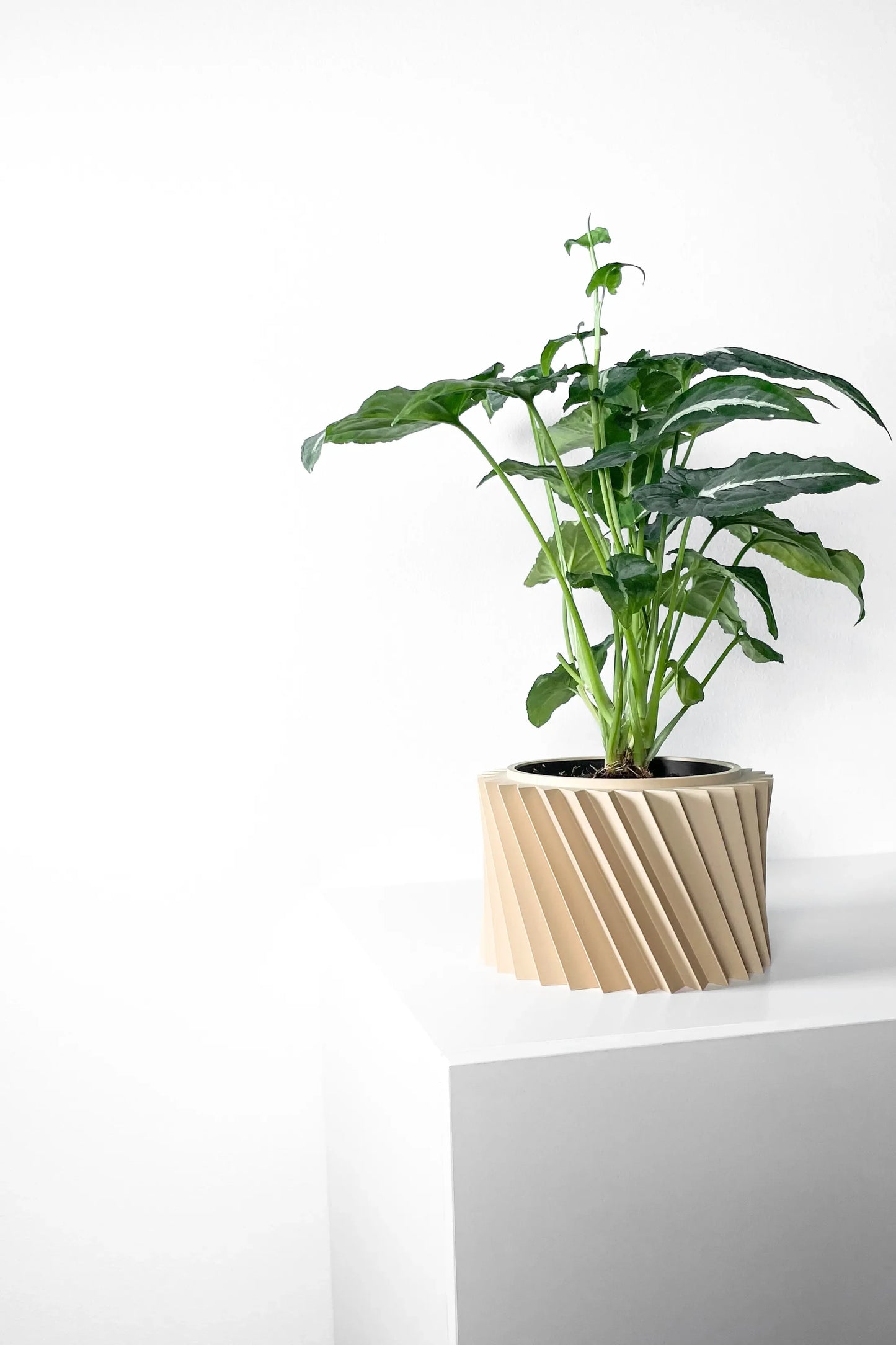 Pot décoratif moderne beige en matière synthétique avec motifs géométriques en spirale, contenant une plante verte aux.