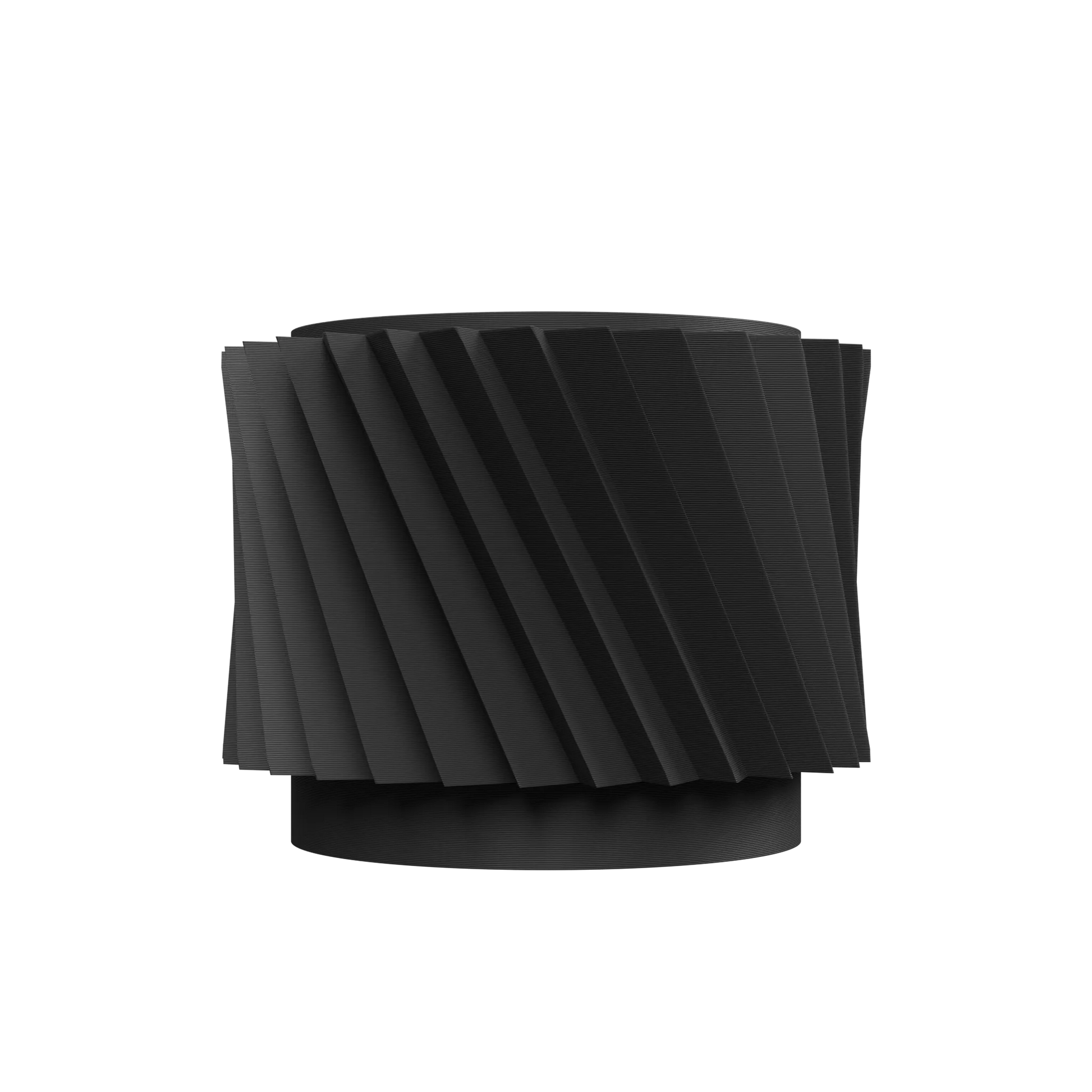 Pot décoratif noir mat avec surface texturée en spirale moderne, forme cylindrique large et base circulaire surélevée.