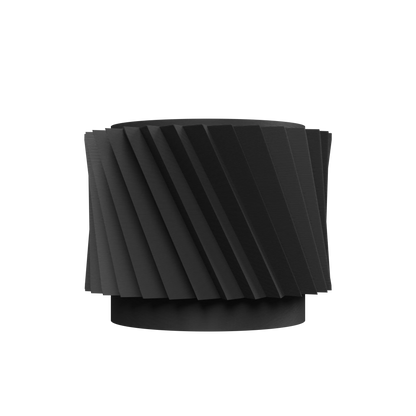 Pot décoratif noir mat avec surface texturée en spirale moderne, forme cylindrique large et base circulaire surélevée.