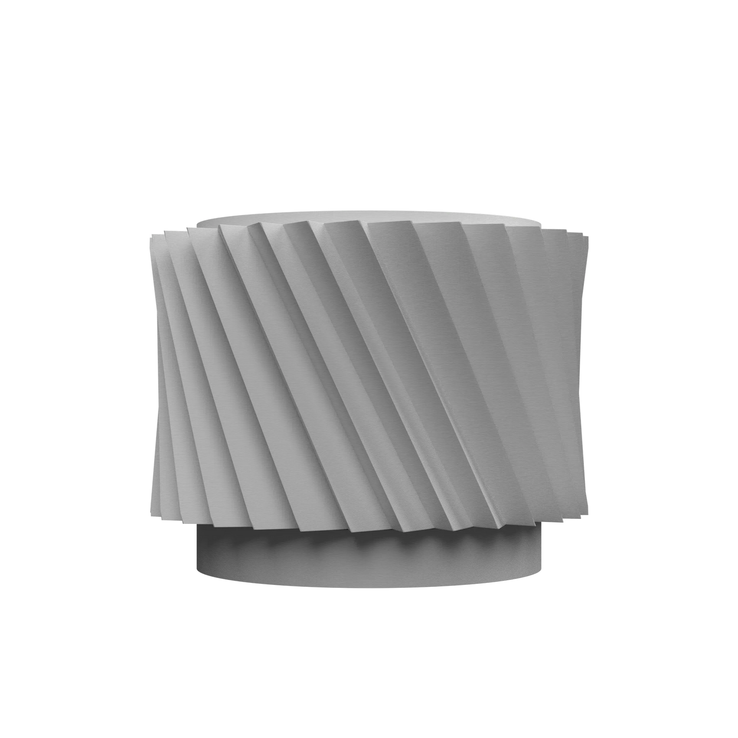 Pot décoratif gris clair en métal avec surface cylindrique texturée à motifs de rainures diagonales spirales, base.