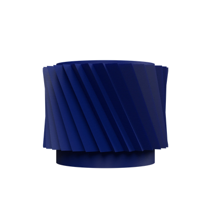 Pot décoratif moderne en métal bleu marine avec surface ondulée et base circulaire robuste.