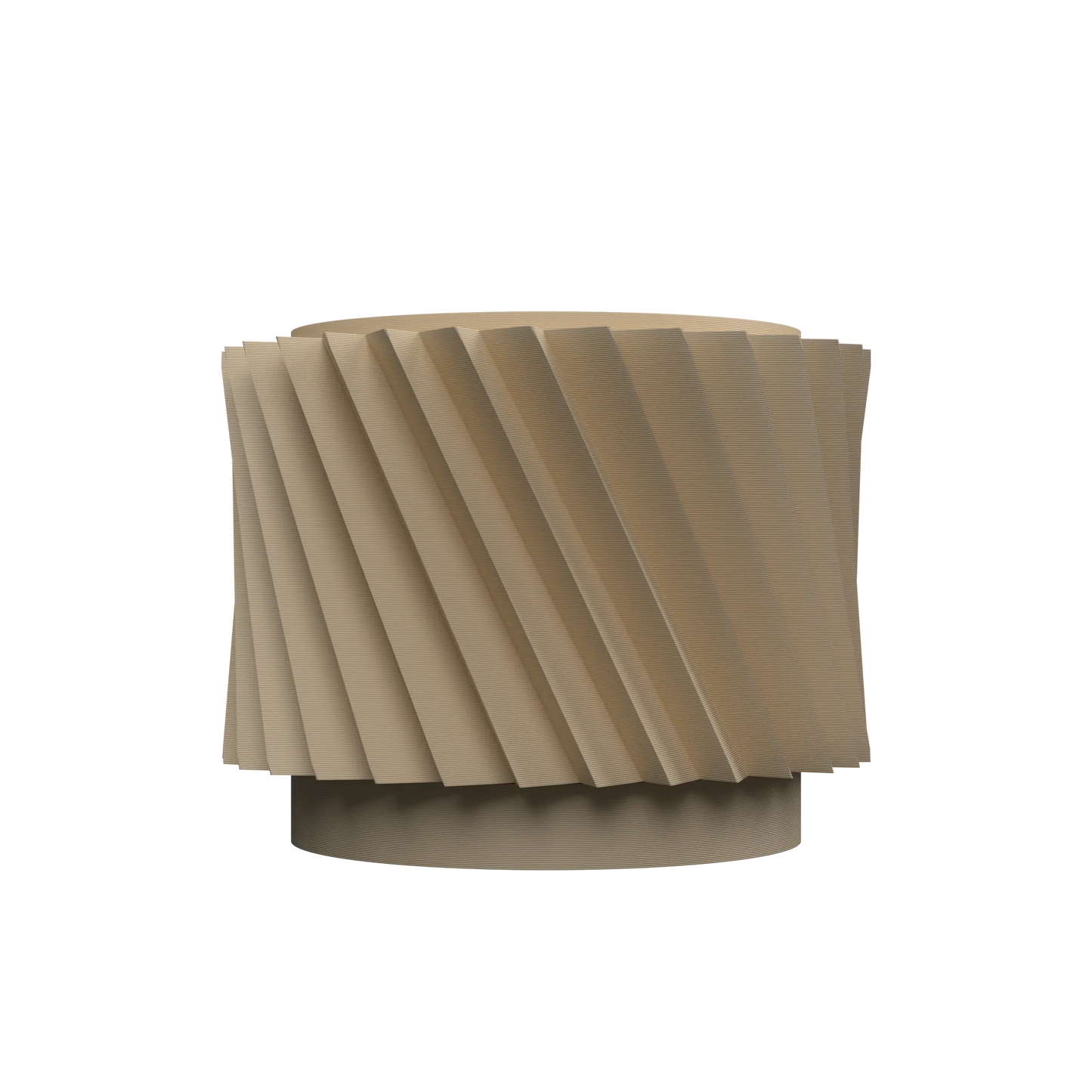 Pot décoratif rond en métal beige avec motif en spirale moderne et base plate robuste.