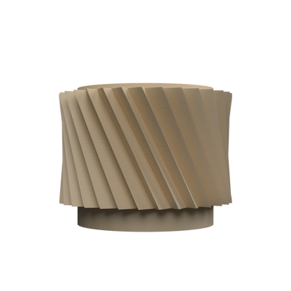 Pot décoratif rond en métal beige avec motif en spirale moderne et base plate robuste.