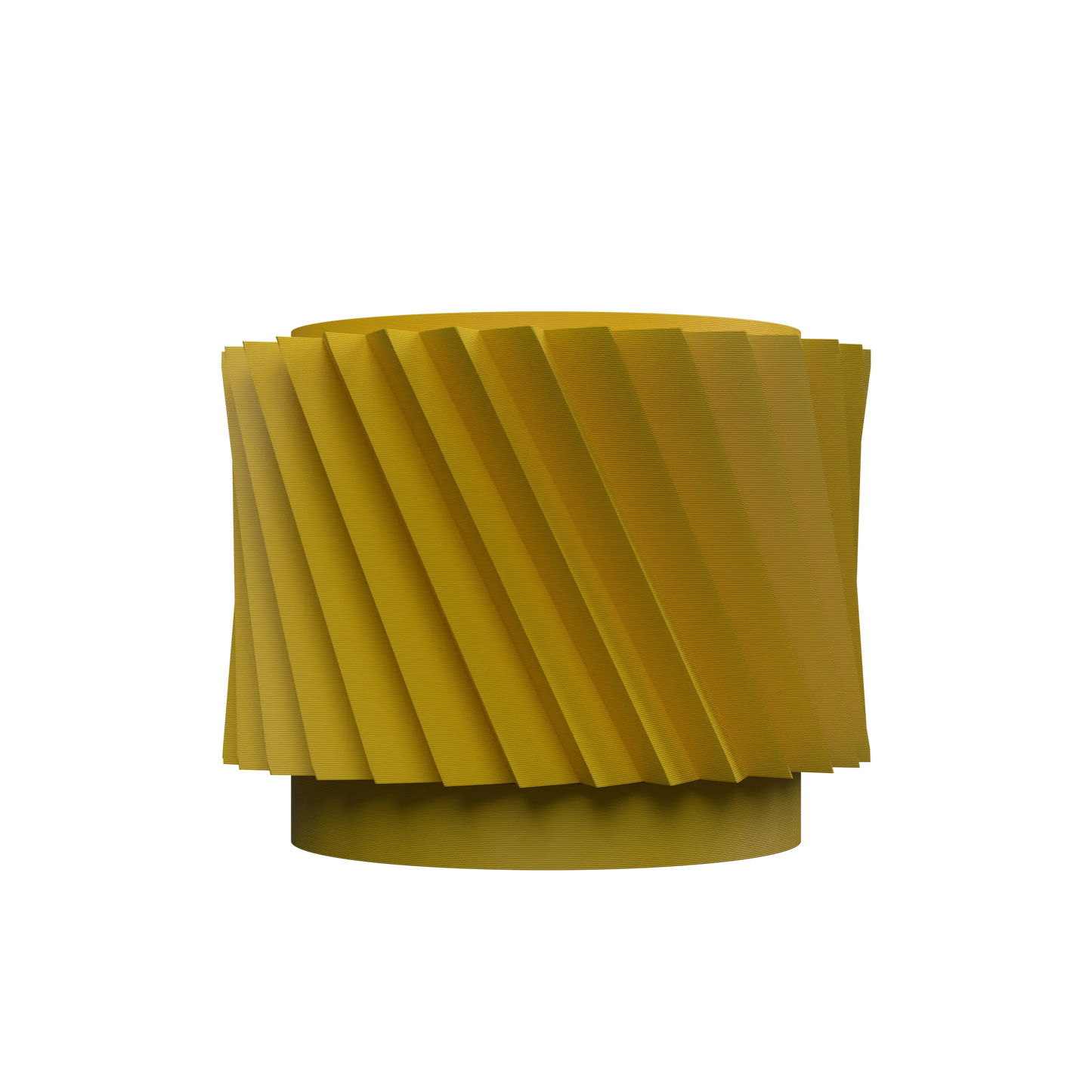 Pot décoratif moderne jaune moutarde avec rainures diagonales en spirale et base ronde légèrement surélevée.