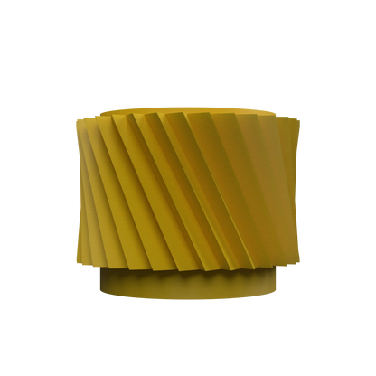 Pot décoratif moderne jaune moutarde avec rainures diagonales en spirale et base ronde légèrement surélevée.