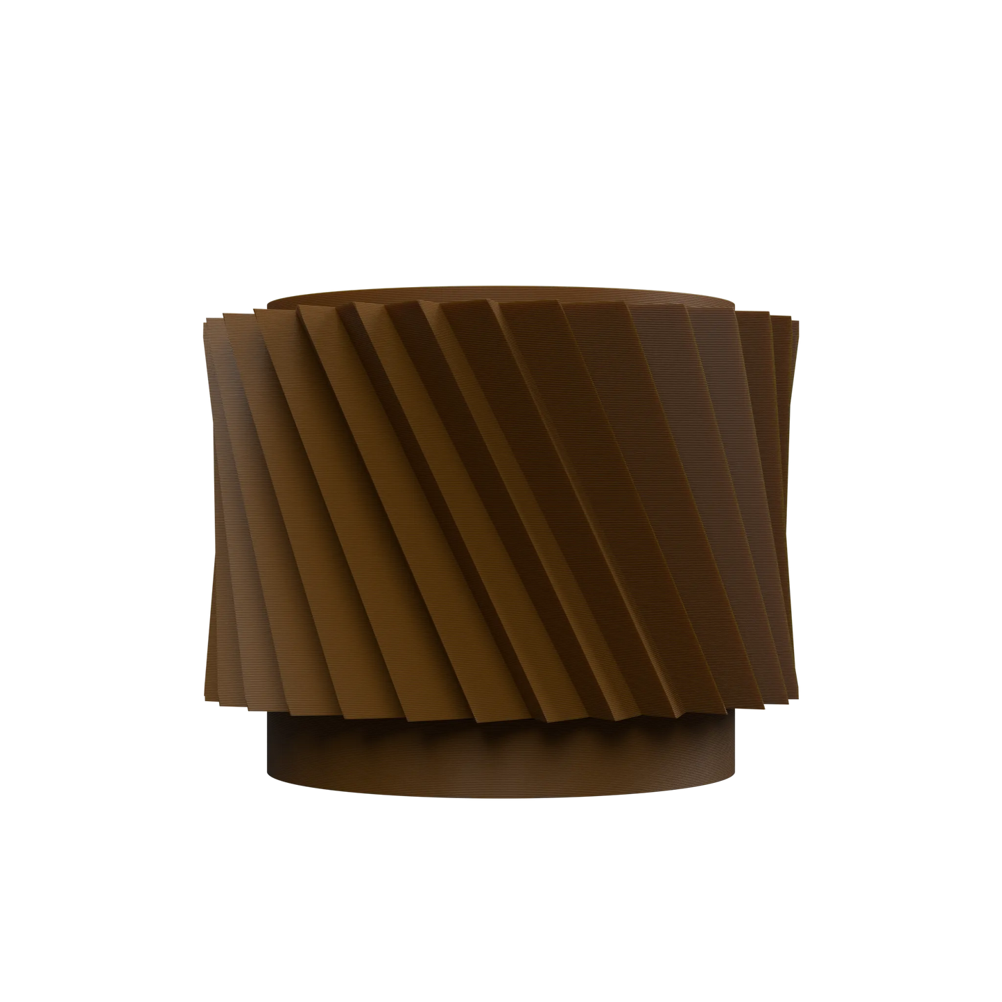 Pot décoratif moderne en métal brun avec surface striée diagonale et base circulaire solide.