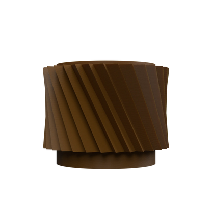 Pot décoratif moderne en métal brun avec surface striée diagonale et base circulaire solide.