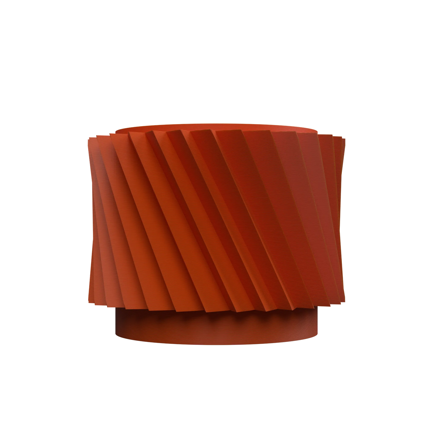 Pot décoratif moderne en métal rouille avec surface cylindrique à rainures en spirale et base ronde surélevée.