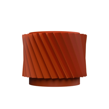 Pot décoratif moderne en métal rouille avec surface cylindrique à rainures en spirale et base ronde surélevée.