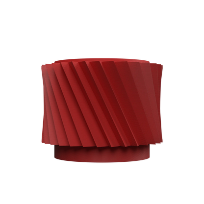 Pot décoratif rouge en métal au design moderne avec surface texturée en spirale.