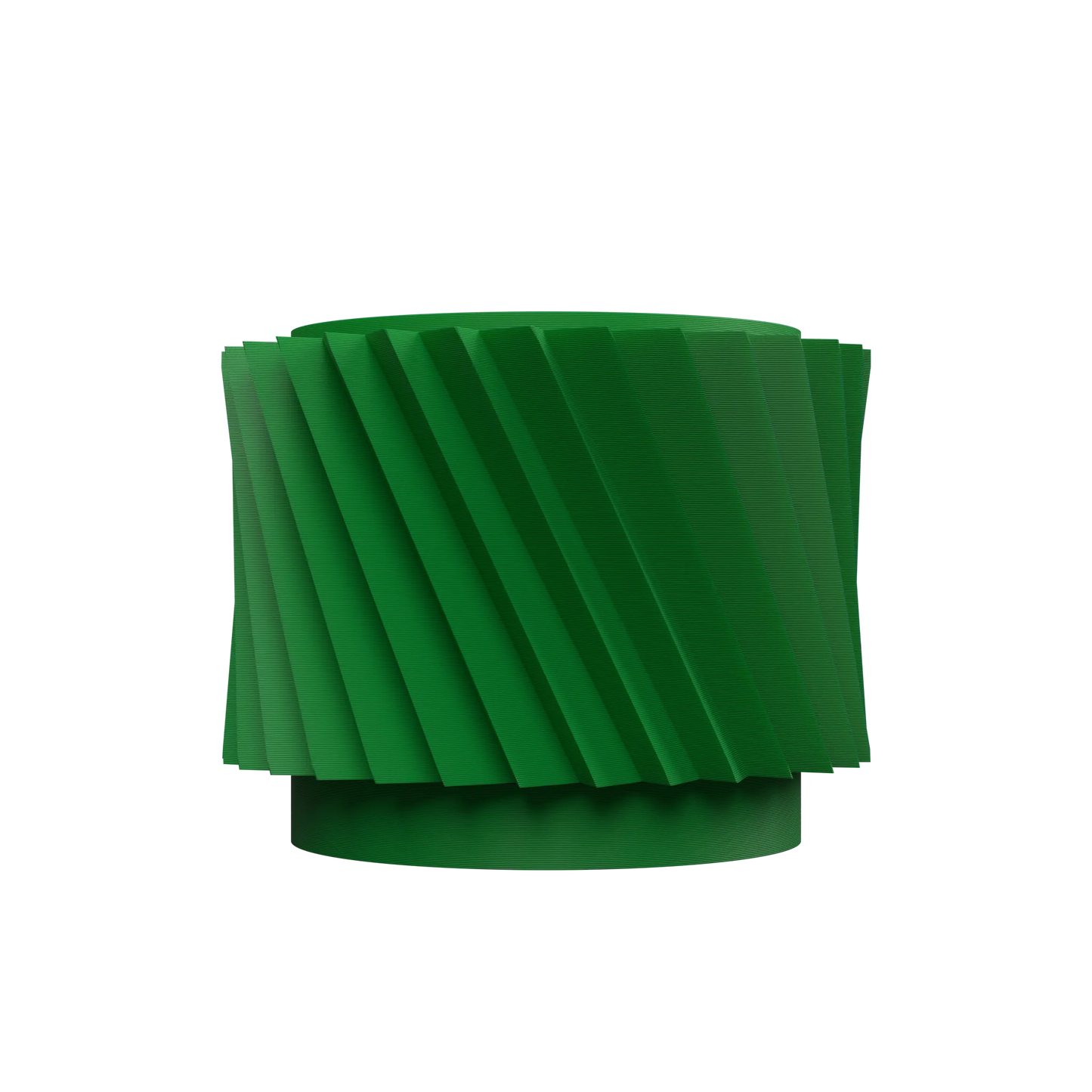Pot décoratif vert en plastique avec surface texturée en spirale et base circulaire surélevée.