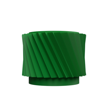 Pot décoratif vert en plastique avec surface texturée en spirale et base circulaire surélevée.